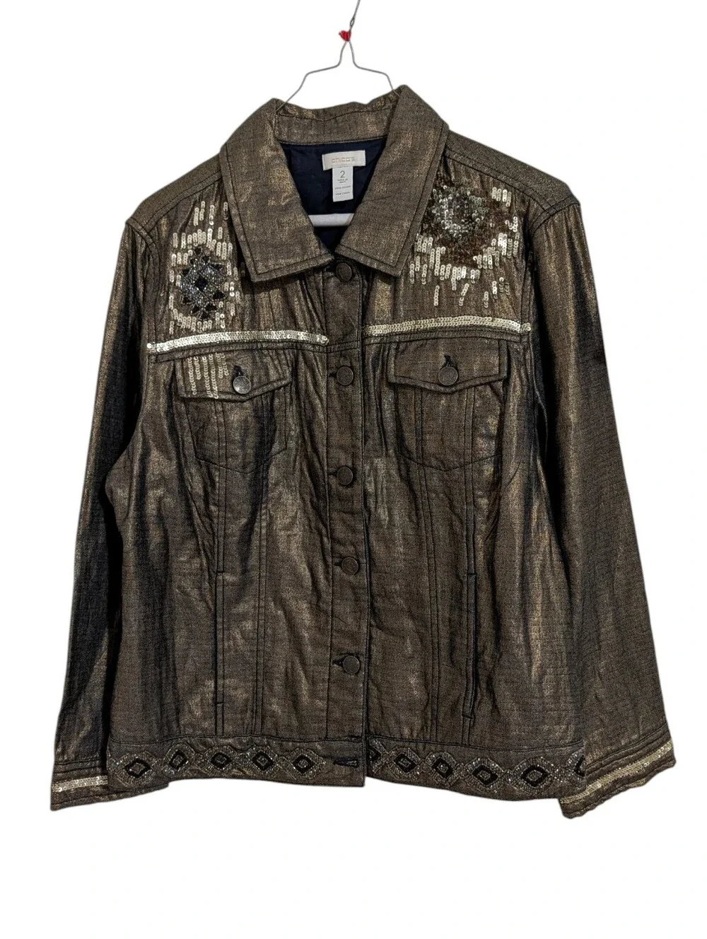 Chico's Metallic Embellished Button Front Jacket Bronze Bedazzled Women's Large